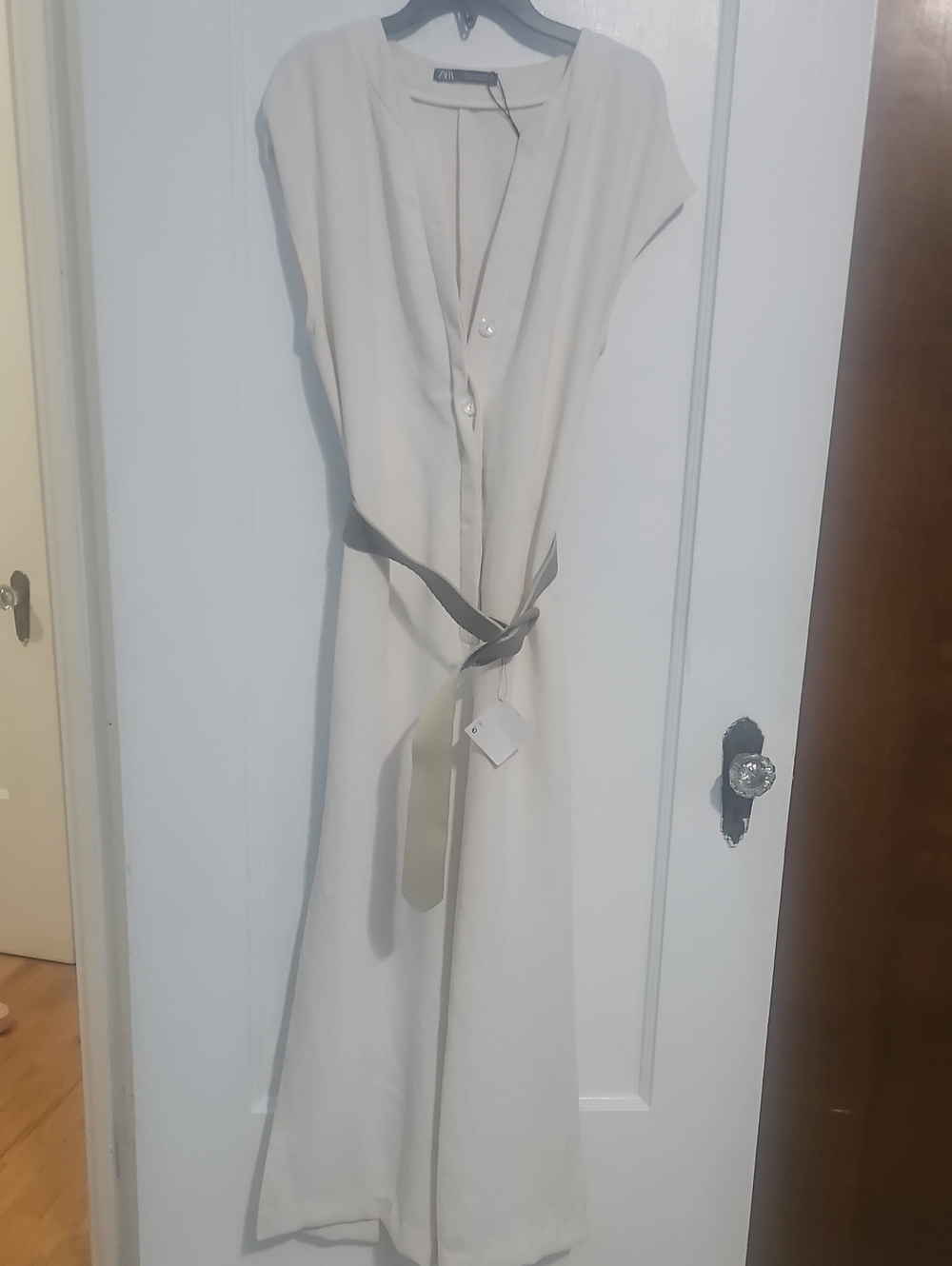 Zara Light Cream Maxi Dress with Contrast Tie